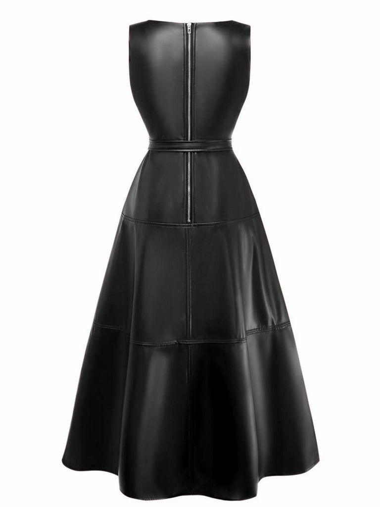 1980s Leather Solid A-Line Sleeveless Dress - vintage dress, retro fashion