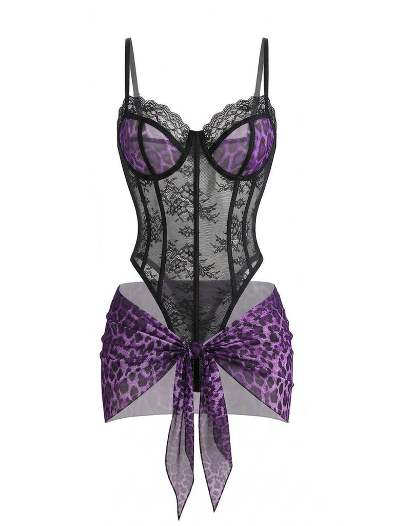 1980s Leopard Lace Bodysuit with Apron Lingerie Set: beautiful vintage lingerie, retro nightgown, elegant sleepwear with timeless appeal