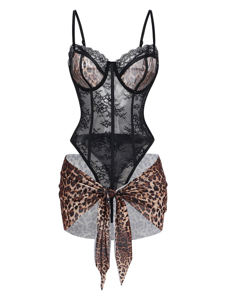 1980s Leopard Lace Bodysuit with Apron Lingerie Set: beautiful vintage lingerie, retro nightgown, elegant sleepwear with timeless appeal