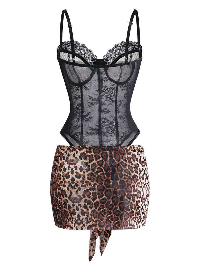 1980s Leopard Lace Bodysuit with Apron Lingerie Set | vintage lingerie, retro nightgown, elegant sleepwear - perfect for retro fashion enthusiasts