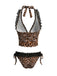 Brown 1980s Leopard Print Lace Trim Halter Tie Bikini Set - vintage swimsuit, pin-up swimwear for vintage lovers