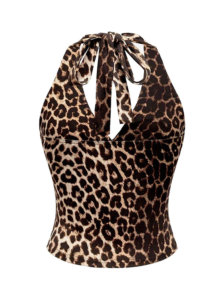 1980s Leopard Print Halter Neck Wrap Top - vintage fashion, retro style