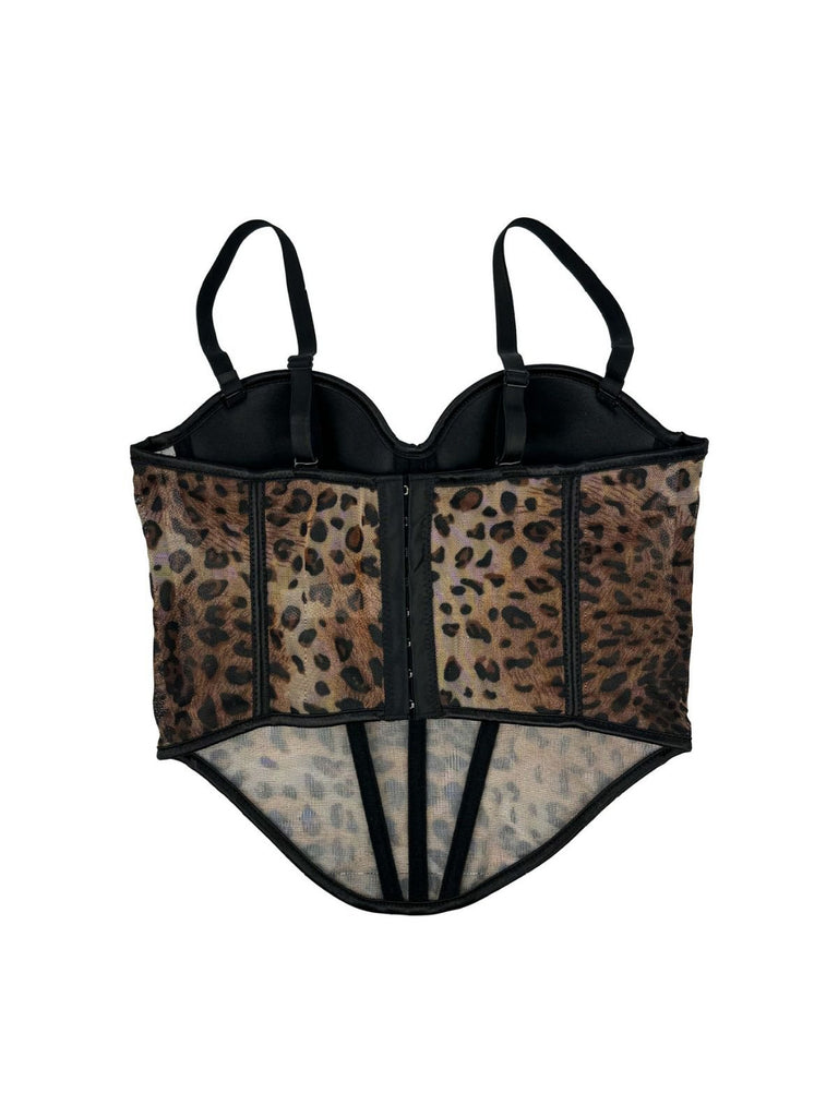 1980s Leopard Print Spaghetti Strap Herringbone Corset - vintage fashion, retro style