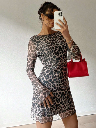 1980s Leopard Sheer Long-Sleeve Backless Dress - vintage dress, retro fashion