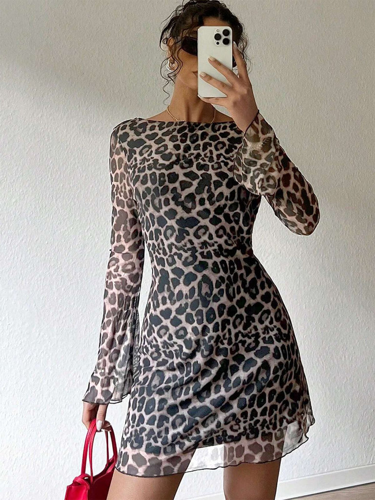 1980s Leopard Sheer Long-Sleeve Backless Dress - vintage dress, retro fashion