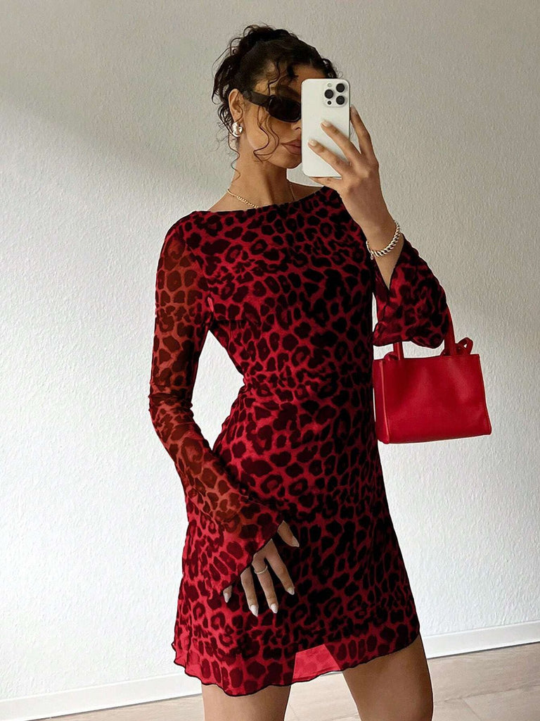 1980s Leopard Sheer Long-Sleeve Backless Dress - vintage dress, retro fashion