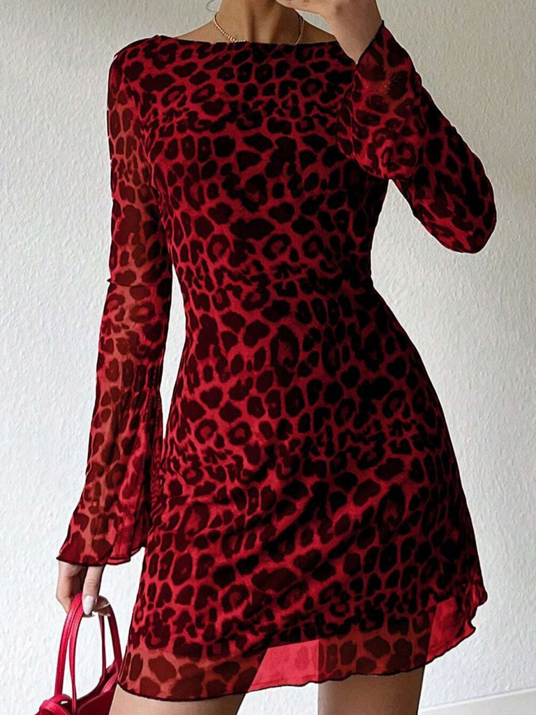 1980s Leopard Sheer Long-Sleeve Backless Dress - vintage dress, retro fashion