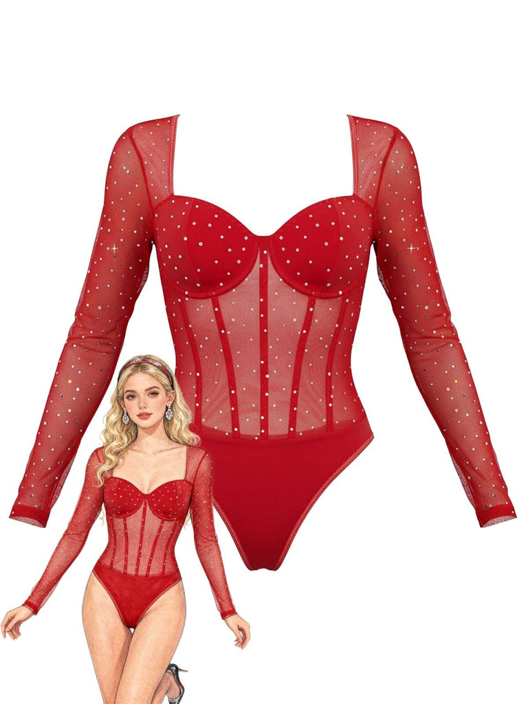 1980s Mesh Sheer Glitter Boned Long Sleeve Bodysuit - vintage fashion, retro style