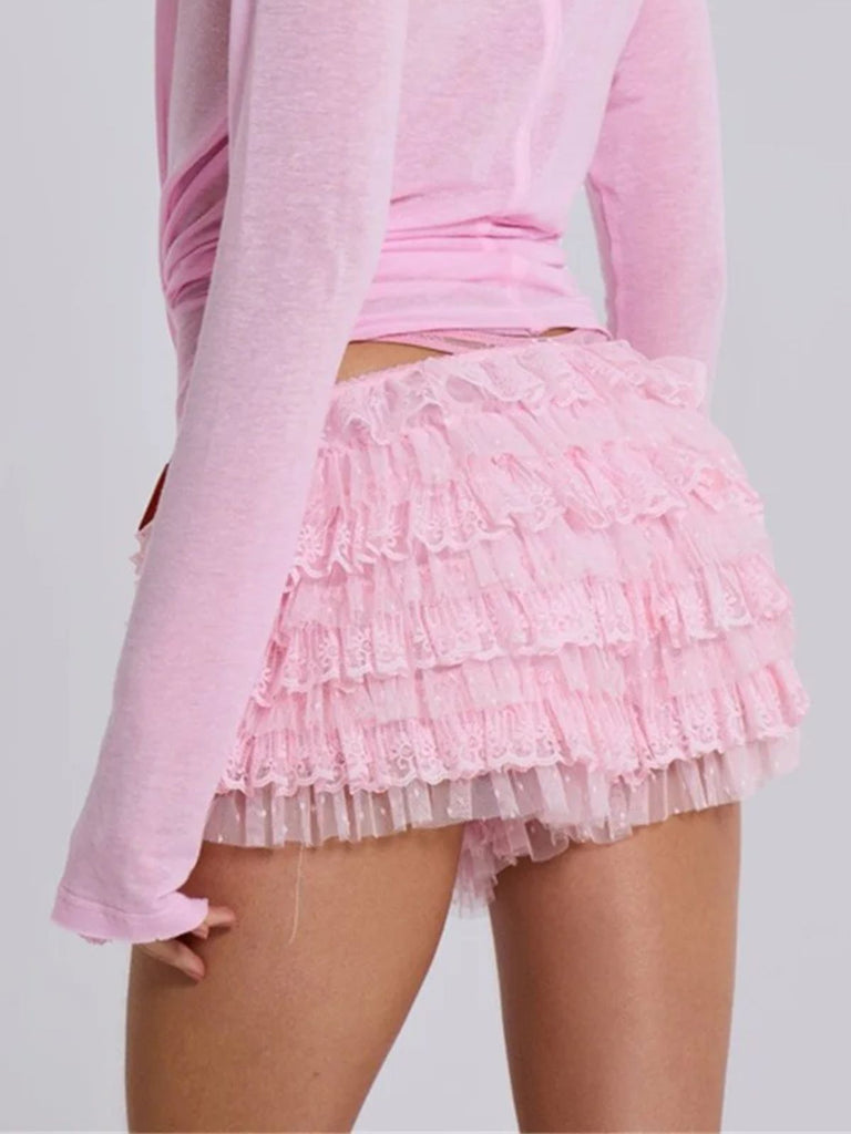 1980s Multi-Layered Lace Ruffled Low-Rise Shorts - vintage fashion, retro style, elegant red