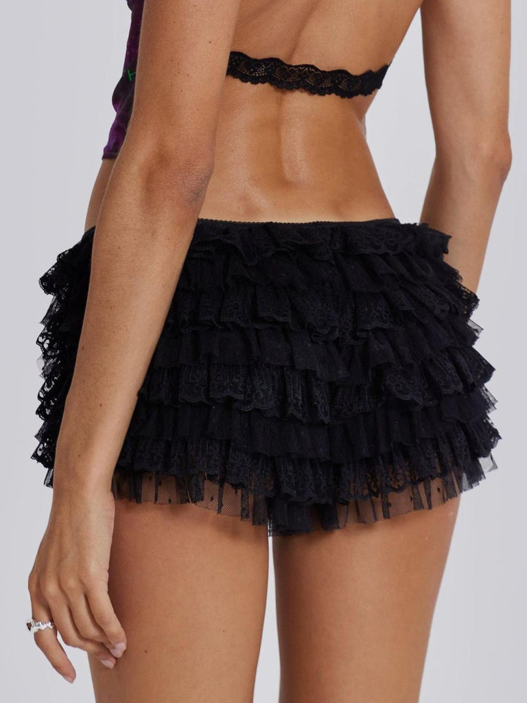 1980s Multi-Layered Lace Ruffled Low-Rise Shorts - vintage fashion, retro style, elegant red