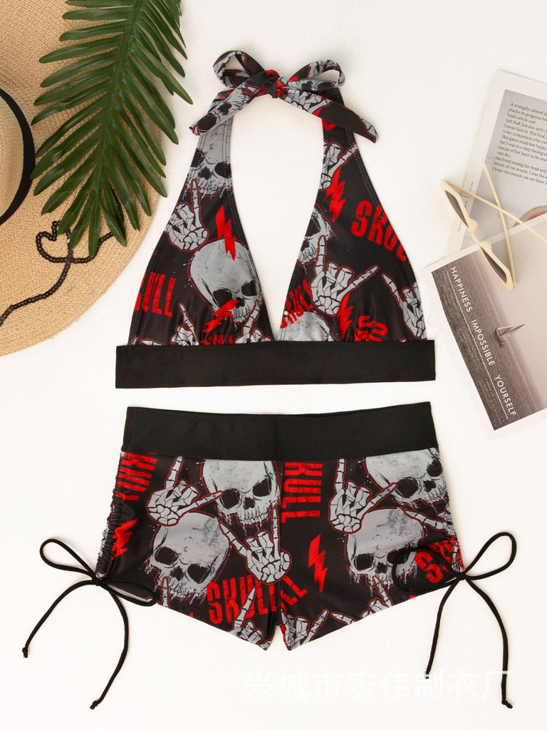 1980s Punk Halter Rock Skull Bikini Set - vintage swimsuit, pin-up swimwear for vintage lovers
