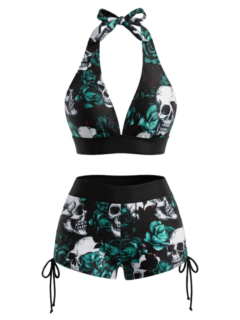 1980s Punk Halter Rock Skull Bikini Set - vintage swimsuit, pin-up swimwear for vintage lovers