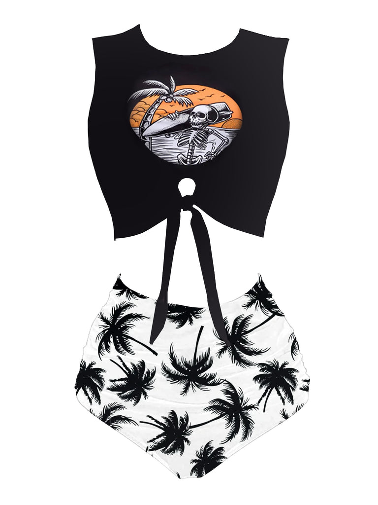 1980s Punk Waist Tie Tiki Graphic Bikini Set: beautiful vintage swimwear, retro swimsuit, pin-up style with timeless appeal