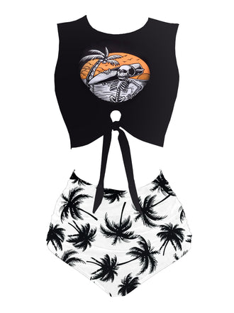 1980s Punk Waist Tie Tiki Graphic Bikini Set: beautiful vintage swimwear, retro swimsuit, pin-up style with timeless appeal