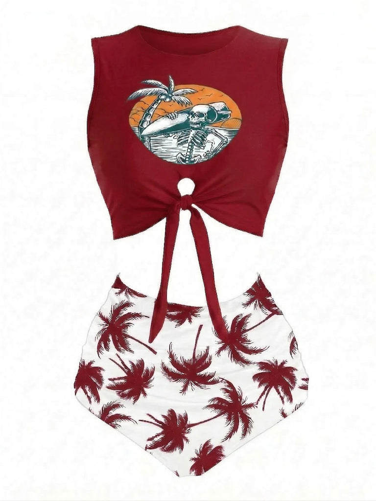 1980s Punk Waist Tie Tiki Graphic Bikini Set: beautiful vintage swimwear, retro swimsuit, pin-up style with timeless appeal