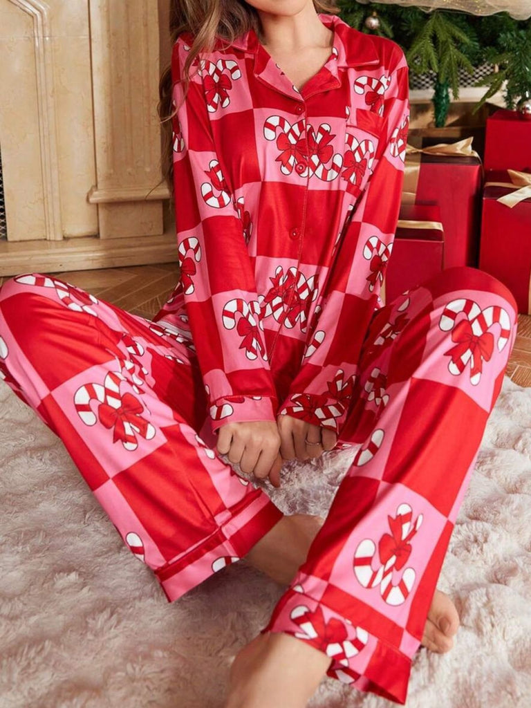 Red 1980s Christmas Checkerboard Candy Cane Pajama Set - vintage fashion, retro style, elegant red