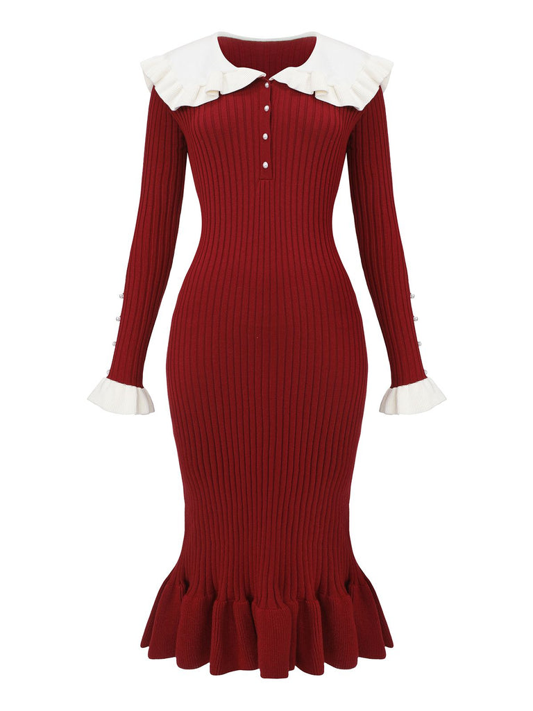 1980s Ribbed Ruffled Collar Midi Dress - vintage dress, retro fashion