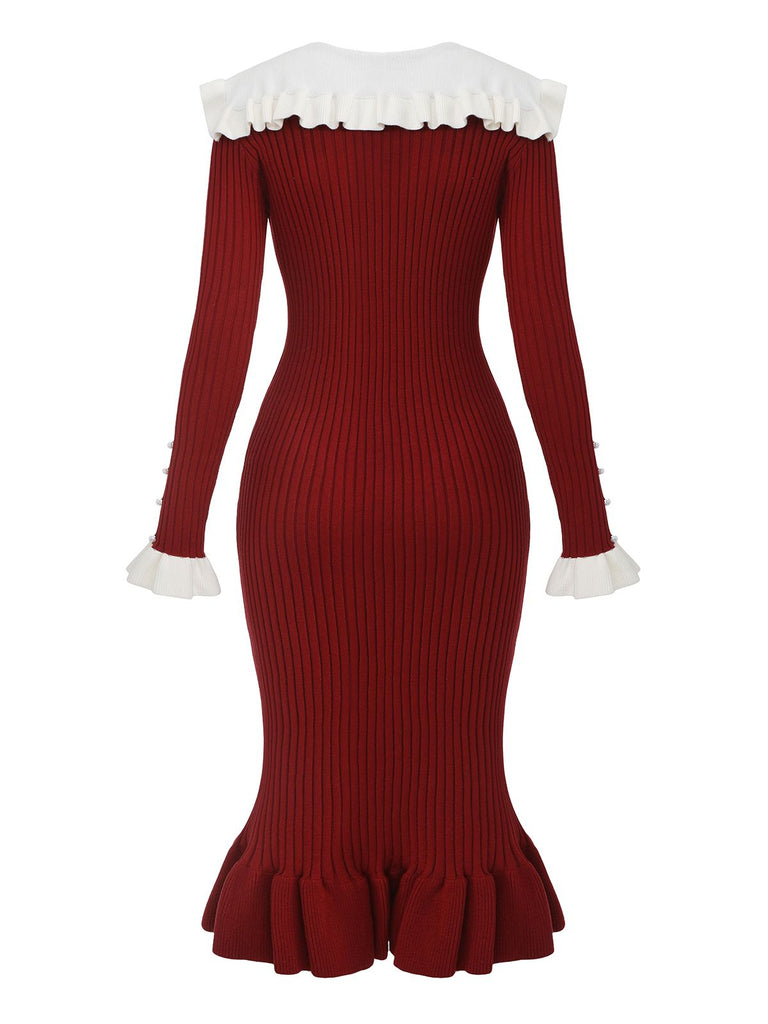 1980s Ribbed Ruffled Collar Midi Dress - vintage dress, retro fashion