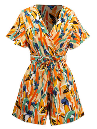 Multicolor 1980s V-Neck Abstract Print Belted Romper - vintage jumpsuit, retro fashion