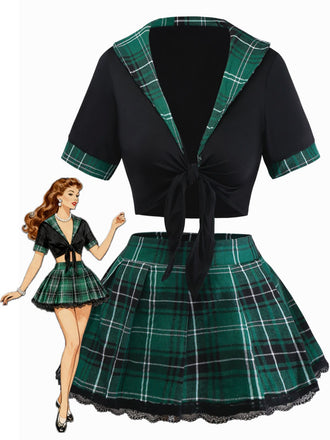 1980s Sexy Lace-Up Plaid Pajama Set - vintage fashion, retro style