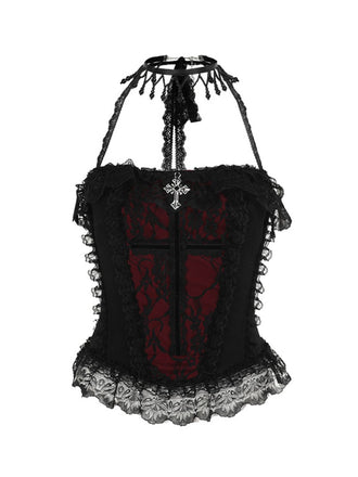2PCS Black 1980s Gothic Steampunk Halter Cross Camisole & Mini Skirt - vintage skirt, retro style, classic black