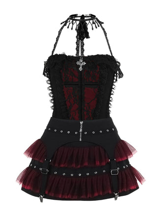 2PCS Black 1980s Gothic Steampunk Halter Cross Camisole & Mini Skirt - vintage skirt, retro style, classic black