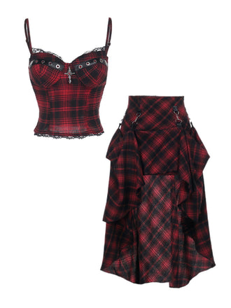 2PCS Red 1980s Plaid Smocked Top & High-Low Hem Skirt - vintage skirt, retro style, elegant red