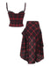 2PCS Red 1980s Plaid Smocked Top & High-Low Hem Skirt - vintage skirt, retro style, elegant red
