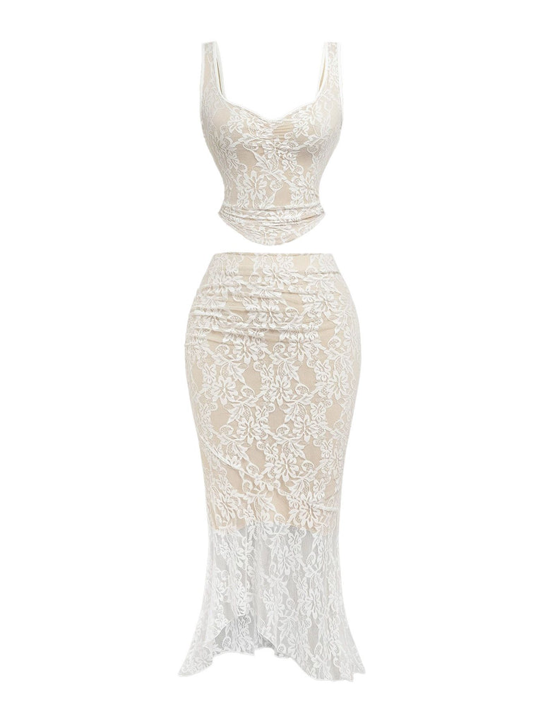 2PCS White 1980s Lace Floral V-Neck Tank & Mermaid Skirt - vintage skirt, retro style, pure white
