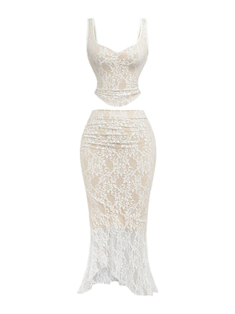 2PCS White 1980s Lace Floral V-Neck Tank & Mermaid Skirt - vintage skirt, retro style, pure white