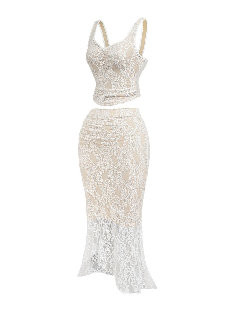 2PCS White 1980s Lace Floral V-Neck Tank & Mermaid Skirt - vintage skirt, retro style, pure white