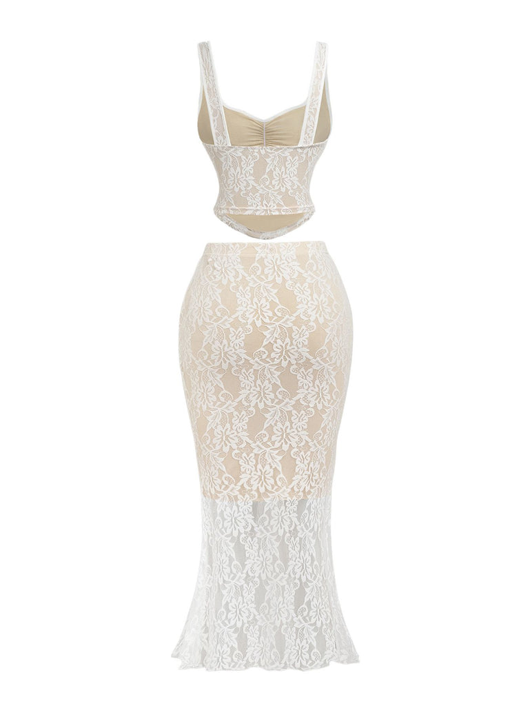 2PCS White 1980s Lace Floral V-Neck Tank & Mermaid Skirt - vintage skirt, retro style, pure white