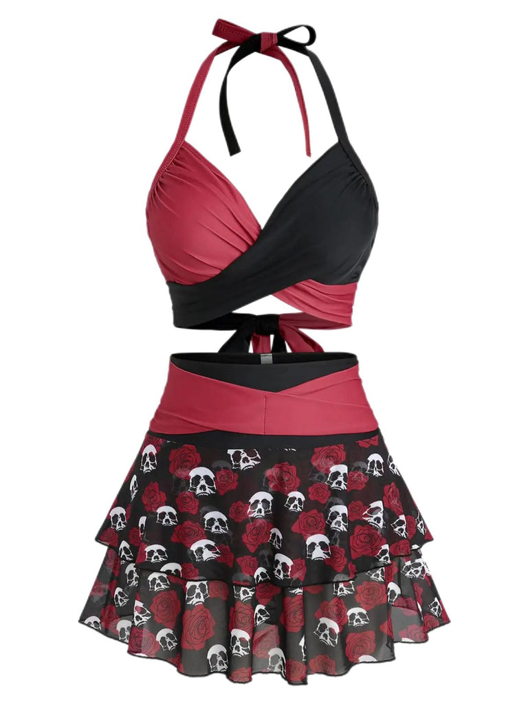 Black & Red 1980s Gothic Skull Rose Halter Skirt Swimsuit - vintage skirt, retro style, classic black