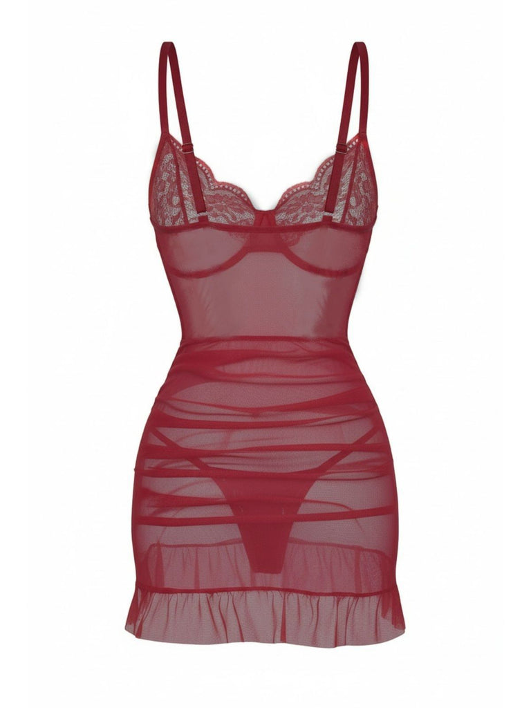 1980s Slip Lace Underwire Sheer Ruffle Nightgown - vintage nightgown, retro sleepwear