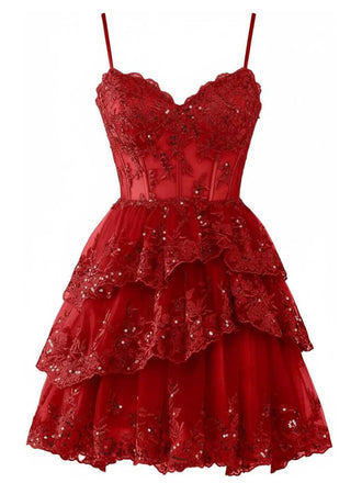 1980s Slip Sequin Lace Tiered Tulle Corset Dress - vintage dress, retro fashion, elegant red