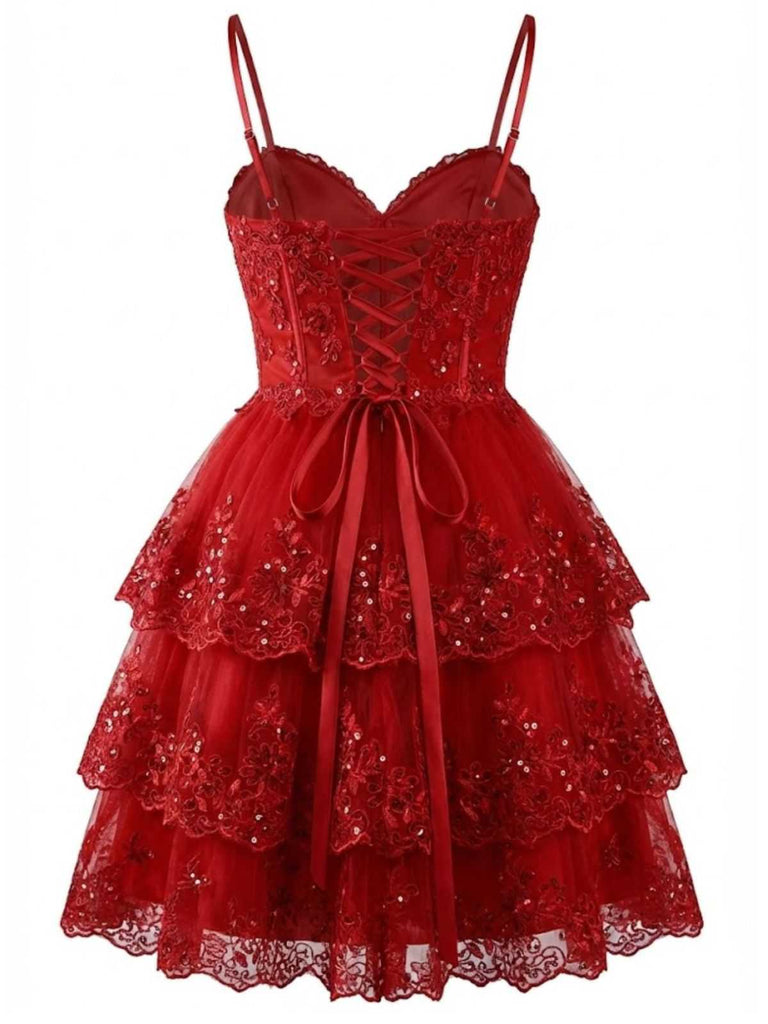 1980s Slip Sequin Lace Tiered Tulle Corset Dress - vintage dress, retro fashion, elegant red