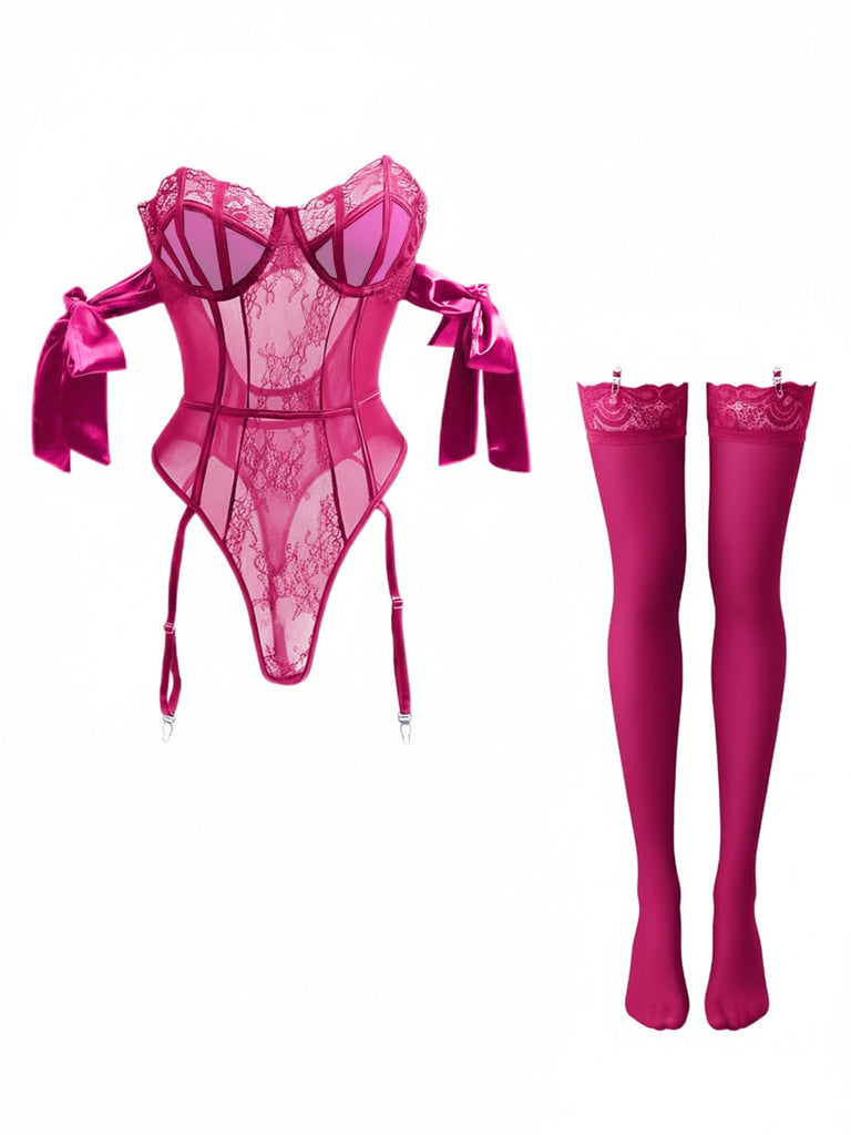 1980s Solid Bow Tie Bodysuit Pajama With Stockings Set - vintage fashion, retro style