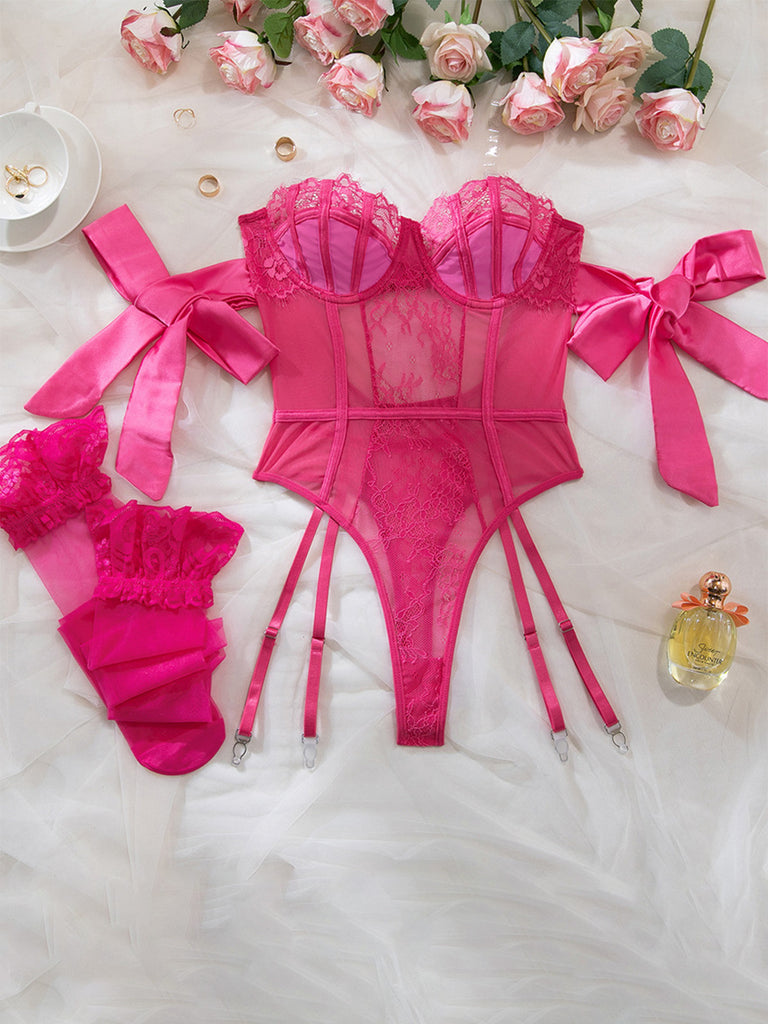1980s Solid Bow Tie Bodysuit Pajama With Stockings Set - vintage fashion, retro style