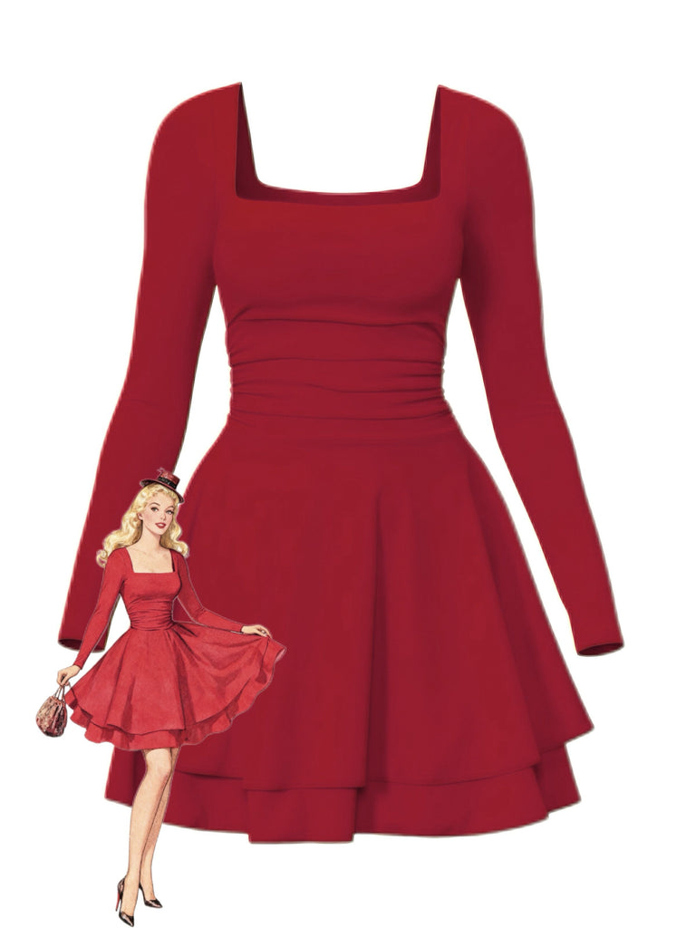 1980s Solid Fitted Square Neck Long Sleeve Dress - vintage dress, retro fashion