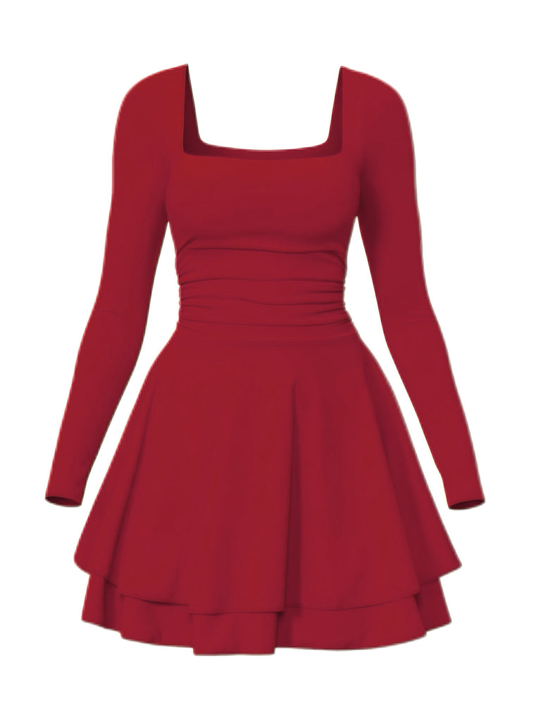 1980s Solid Fitted Square Neck Long Sleeve Dress - vintage dress, retro fashion