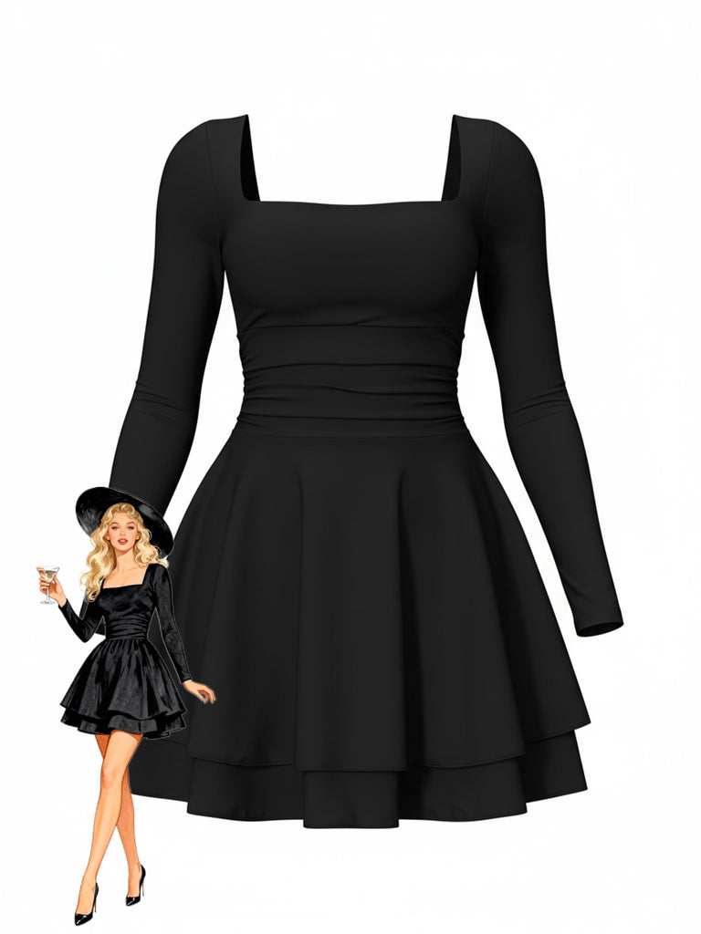 1980s Solid Fitted Square Neck Long Sleeve Dress - vintage dress, retro fashion