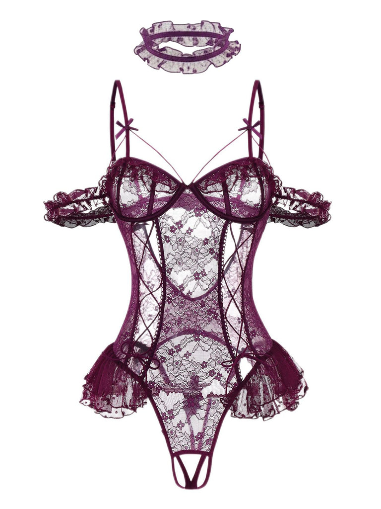 1980s Solid Lace Sheer Bodysuit Nighties - vintage fashion, retro style