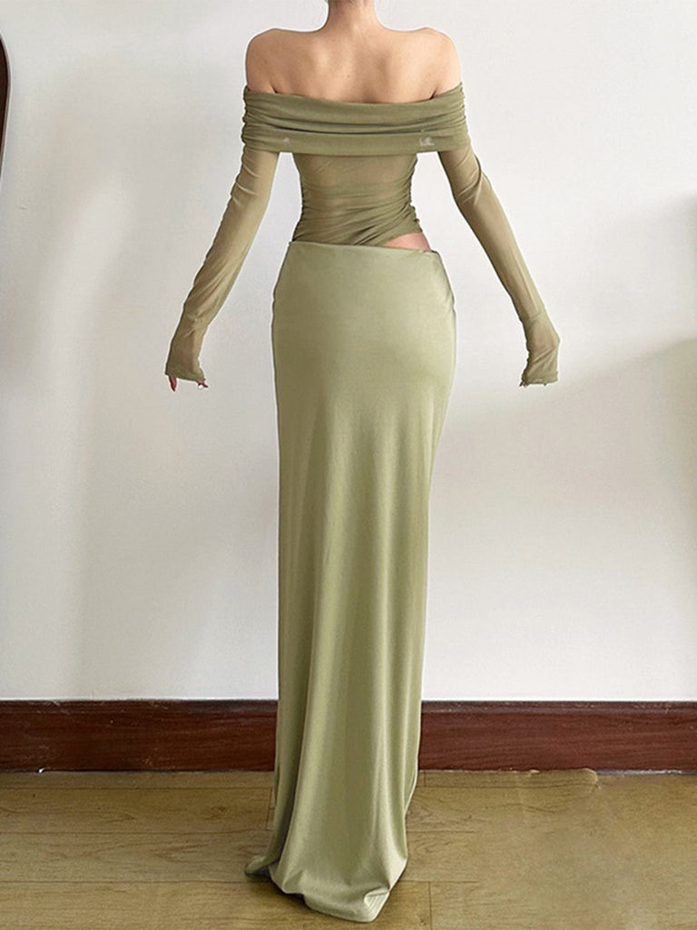 1980s Solid Off-Shoulder Mesh Cut-Out Sheer Dress - vintage dress, retro fashion