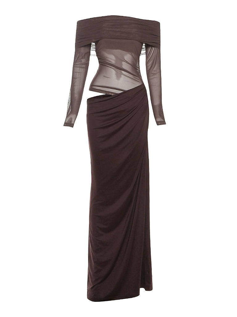 1980s Solid Off-Shoulder Mesh Cut-Out Sheer Dress - vintage dress, retro fashion