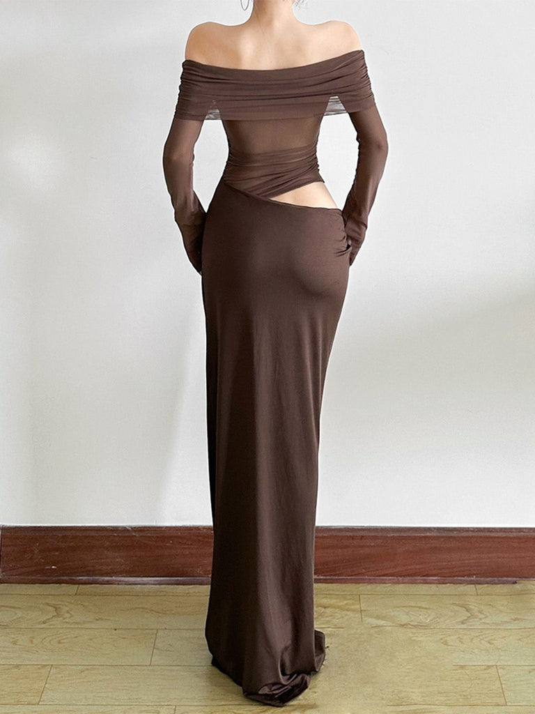 1980s Solid Off-Shoulder Mesh Cut-Out Sheer Dress - vintage dress, retro fashion