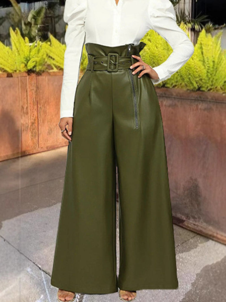 1980s Solid PU Leather Belted Wide-Leg Pants - vintage fashion, retro style