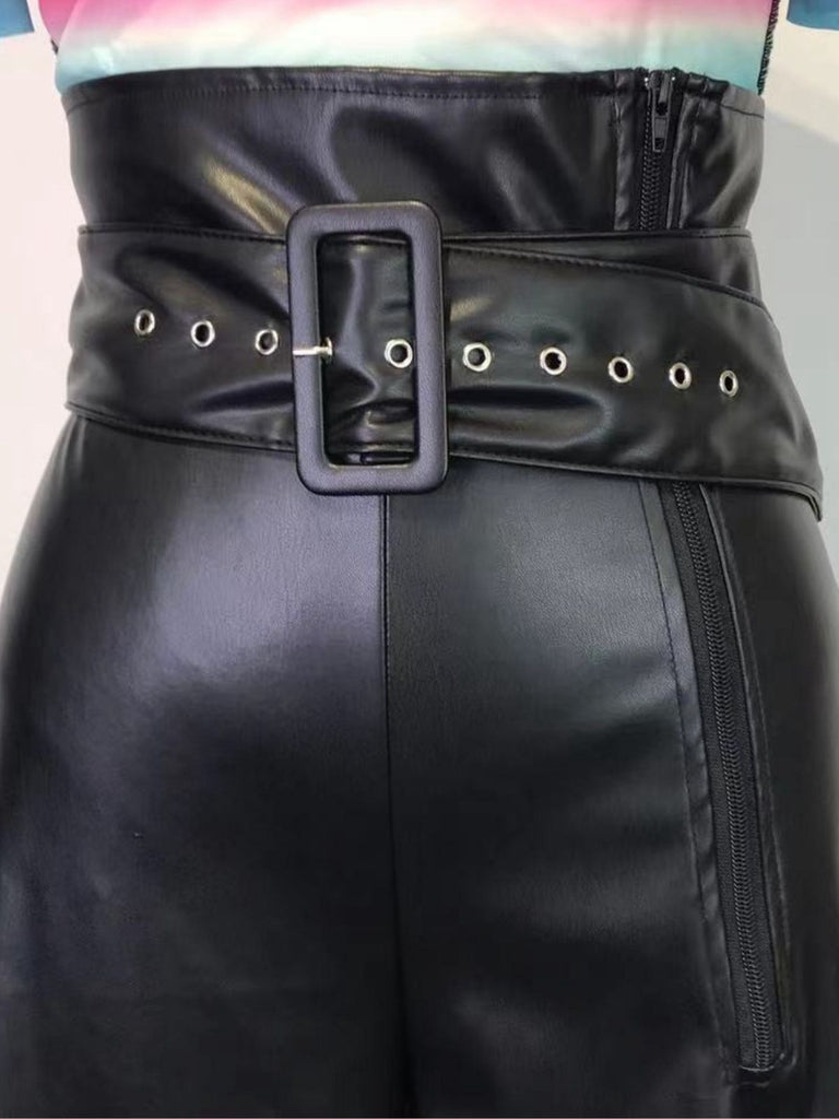 1980s Solid PU Leather Belted Wide-Leg Pants - vintage fashion, retro style