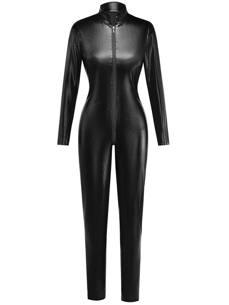 1980s Solid PU Leather Zipper Jumpsuit - vintage jumpsuit, retro fashion