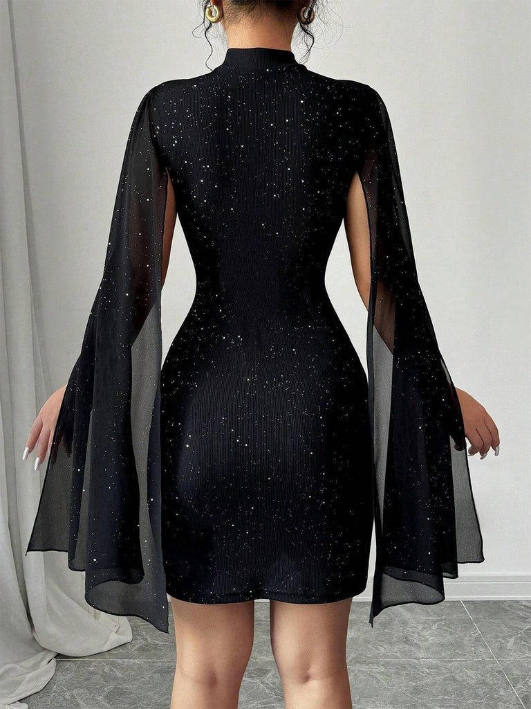 1980s Solid Pearl Chiffon Cape Bodycon Dress - vintage dress, retro fashion