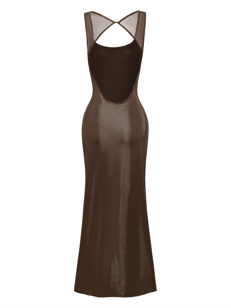 1980s Solid Sequined Mesh Buckle Square Neck Dress - vintage dress, retro fashion